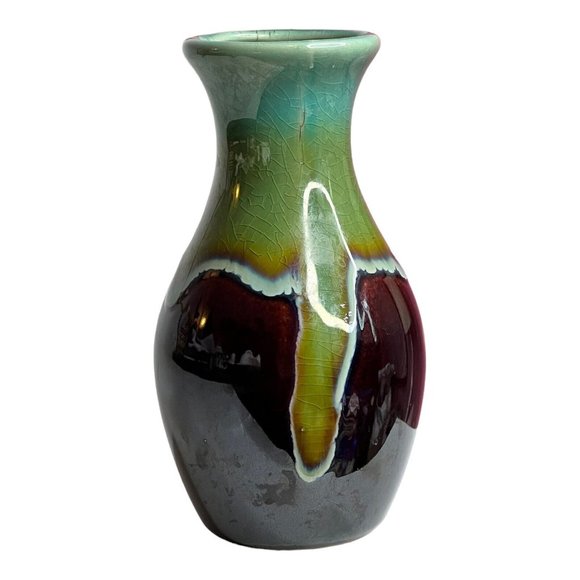 Unbranded unsigned Blue Green Brown drip glaze 5” bud vase crazing‎ FLAW - Picture 1 of 10
